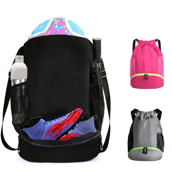 Soccer Bags Waterproof Drawstring Gym Backpack for Baskestball Rugby Volleyball Yoga Large Capacity Sports Bag (Black)