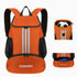 Soccer backpack gym bag with shoe compartment and wet/dry storage in orange, featuring reflective stripes.
