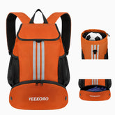 Soccer backpack gym bag in orange color with shoe compartment and ball holder for athletes and sports enthusiasts.